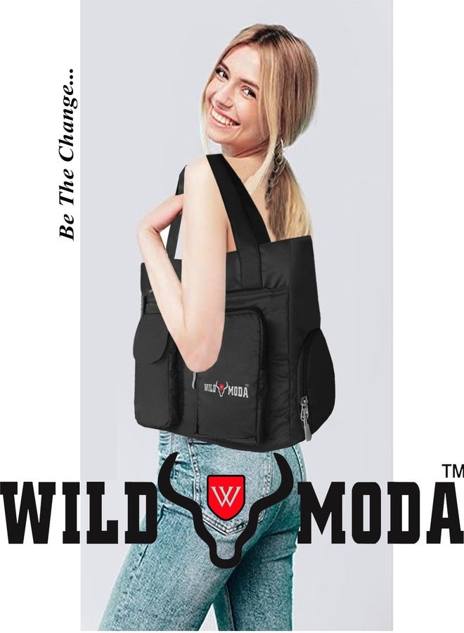 WILD MODA Womens Classic Polyester Double Pocket Shoulder Bag (Black) - Image 4